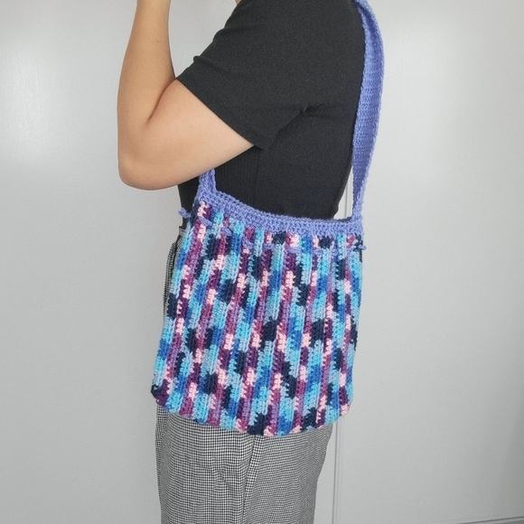 Knit Crochet Shoulder Bag Boho Artisan Hand Made Purse Satchel Purple Drawstring - Picture 14 of 14